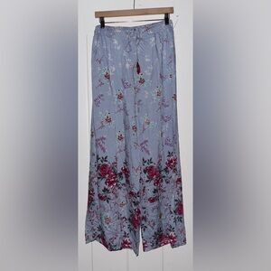 Angie Floral Wide Leg Pants‎ Size L Blue Red Boho Drawstring Waist Lightweight